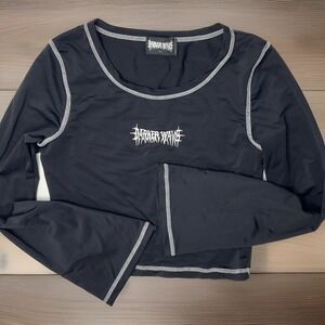 Dolls Kill Darker Wavs Top Crop Flare Sleeves Embroidered Logo Gothic Women Sz M